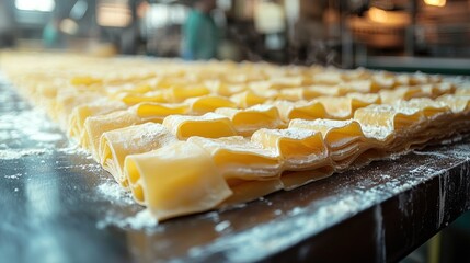 Raw pasta sheets on production line