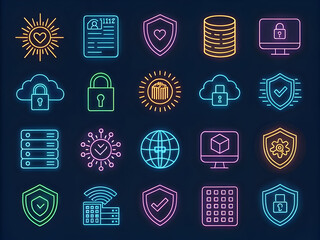 Collection of vibrant digital security and technology icons network