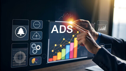 Expertly analyzing digital advertising performance and growth strategies on a futuristic interface
