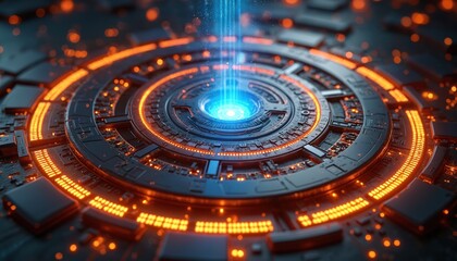 Futuristic infographic design merges ancient religious texts with advanced technology. Hyper-realistic style highlights celestial figures, Enochian literature. Central glowing vortex with light