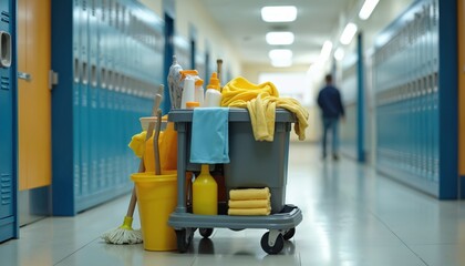 Janitorial cart with mop, bucket, and cleaning supplies. Parked in school hallway with lockers lining the walls. Ready for maintaining a clean and hygienic environment.