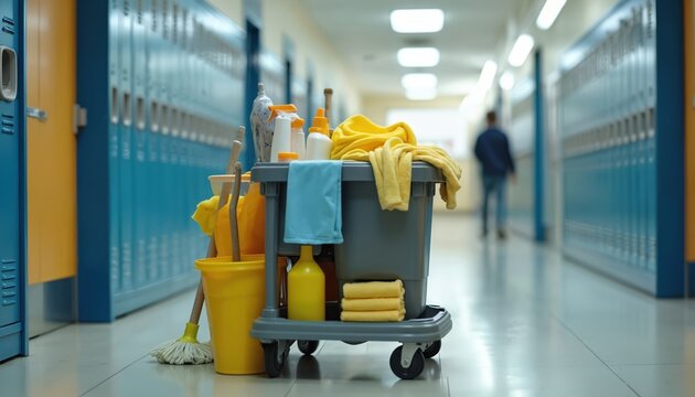 Janitorial cart with mop, bucket, and cleaning supplies. Parked in school hallway with lockers lining the walls. Ready for maintaining a clean and hygienic environment.