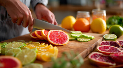 Sliced citrus fruit, grapefruit, lemon, lime, and orange on wooden cutting board, person preparing fresh ingredients in kitchen