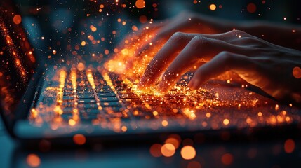 Hands typing on laptop with sparks