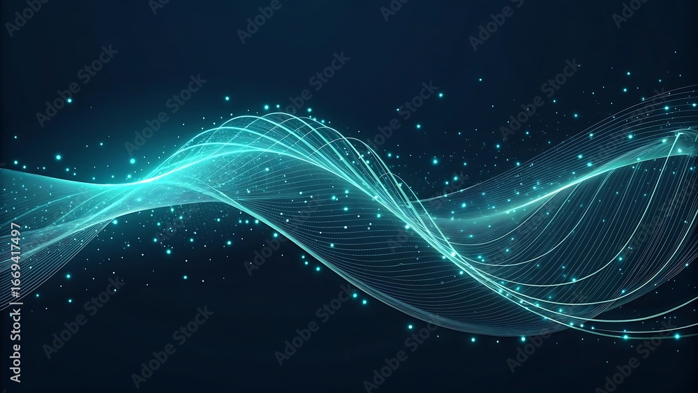 Poster abstract glowing blue wave with particles on a dark background, representing data flow and technolog