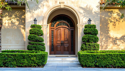 Fototapeta premium Elegant mansion entrance with arched doorway and hedges, showcasing architectural luxury in afternoon light. 