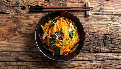 Japchae noodle koraen on a wood background