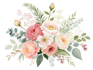 Delicate floral arrangement with pink roses and green foliage bouquet peach
