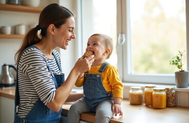 Young mother happily feeding baby boy cookie in bright kitchen. Mother, son share joyful moment, bonding over healthy snack. Domestic scene captures of family love, everyday childhood happiness.