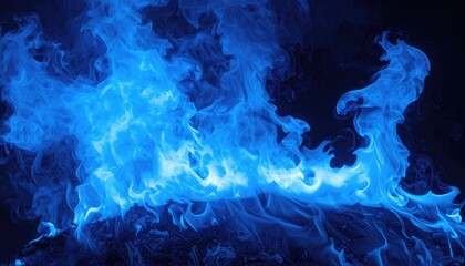 Vivid blue flames dance and swirl against a dark background.