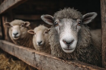 Fototapeta premium Sheep resting peacefully in a rustic stable on a farm during the late afternoon light, showcasing their fluffy wool and curious expressions