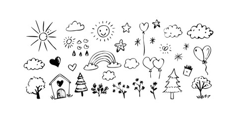 Hand drawn doodle set collection of sketch design elements, sun, cloud, star, heart, rainbow, tree, house, flower, plant