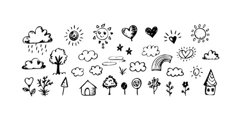 Set of hand drawn doodle elements, including clouds, suns, hearts, stars, trees, houses, rainbows, and flowers in vector format