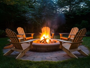 Cozy Backyard Fire Pit with Wooden Adirondack Chairs at Night