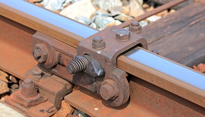 Close-up of rusty railroad track fasteners and rails