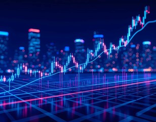 Glowing digital stock market trading chart with futuristic candlestick graph, financial data analysis, business growth concept