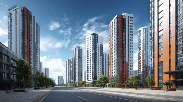 Modern apartment high rise building cityscape urban residential architecture blue sky street contemporary sunny - Powered by Adobe