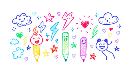 Hand drawn doodle elements featuring clouds, stars, lightning bolts, hearts, and pencils in a playful and colorful style