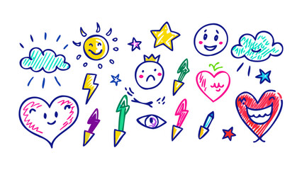 Hand drawn doodles, featuring whimsical sketches of hearts, stars, clouds, suns, and other playful elements in a childlike style