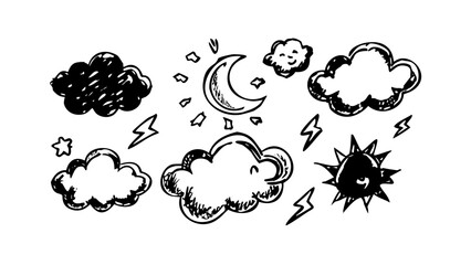 Hand drawn doodle set of sun, moon, stars, clouds, and lightning, perfect for weatherrelated designs and creative projects