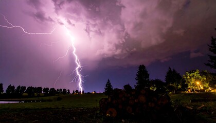 Nighttime lightning strike over a field with trees and a woodpile in the foreground