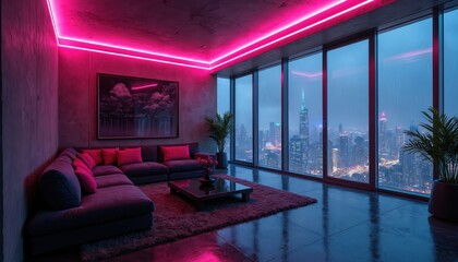 Neon-lit penthouse apartment interior with large windows rainy city skyline at night. Features modern sectional sofa with pink pillows, plush rug, coffee table. Industrial concrete walls, ceiling