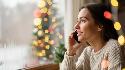 Smiling young woman in cozy sweater talking on smartphone during virtual Christmas call by decorated tree, festive winter mood with copy space