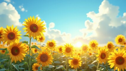 Obraz premium A vibrant sunflower field under a clear blue sky, softly lit by sunlight. The gentle breeze moves the flowers, creating a serene and lively summer atmosphere. Perfect for high-resolution nature