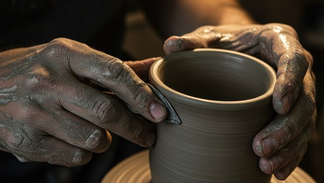 Artisan using a shaping tool on a clay cup.