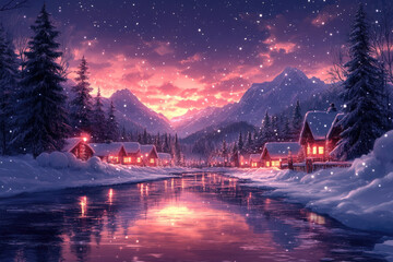 Fototapeta premium Cozy Mountain Town Wrapped in Winter’s Christmas Embrace