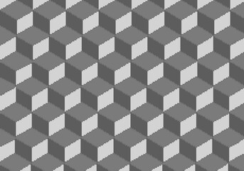 Fototapeta premium A seamless 8-bit pixel art background featuring an isometric pattern of grey and light grey cubes, creating an optical illusion of depth. Ideal for retro game designs, wallpaper, background.