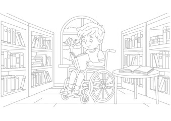 Wheelchair Kid Reading Coloring Page