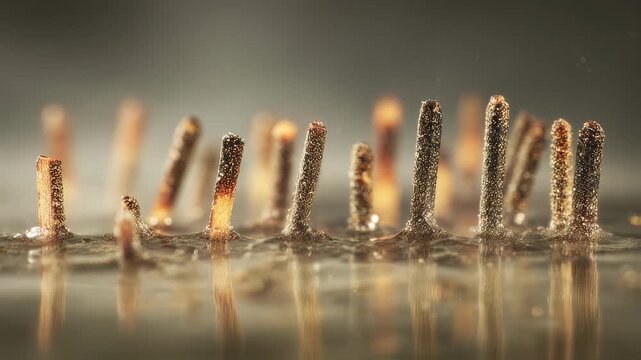 Close medium shot of ignitable splints submerged halfway into a phosphorous solution highlighting the textured surface of the sticks as the hazy surroundings fade into soft focus