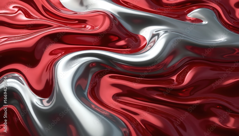 Poster luxurious abstract background with flowing organic shapes, textures in vibrant red, silver. shiny me