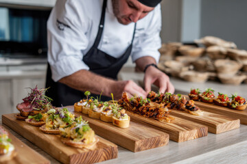 Chef arranging tapas plates on long wooden table