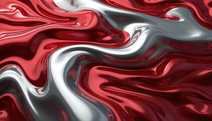 Obraz premium Luxurious abstract background with flowing organic shapes, textures in vibrant red, silver. Shiny metallic surface with smooth, dynamic curves creating modern, elegant, visually striking composition.
