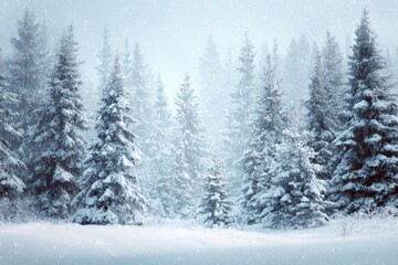 Beautiful winter white forest landscape covered in snow during the Christmas season with peaceful atmosphere and gentle snowfall
