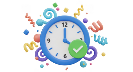 3d Clock With Checkmark Confetti