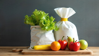 Fresh produce including lettuce, orange, yellow squash, red peppers, pear, green apple arranged on wooden cutting board. Two white reusable shopping bags, one filled with lettuce, sit behind
