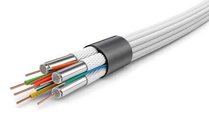 Closeup view of a multiconductor electrical cable with exposed copper wires and insulation, isolated on white background.