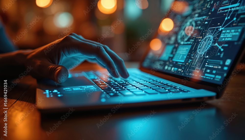 Aufkleber person uses laptop with futuristic interface displaying data visualization. blue glowing screen, key