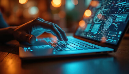 Person uses laptop with futuristic interface displaying data visualization. Blue glowing screen, keyboard create modern, tech-focused atmosphere. Interaction with digital information suggests