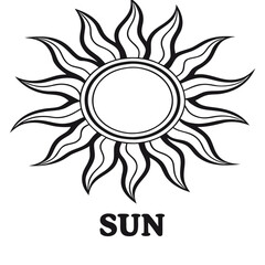 Fototapeta premium Sun Icon Design: This monochrome graphic depicts a radiant sun, its stylized form emanating energy and warmth. A striking visual element, perfect for designs seeking a touch of positivity.