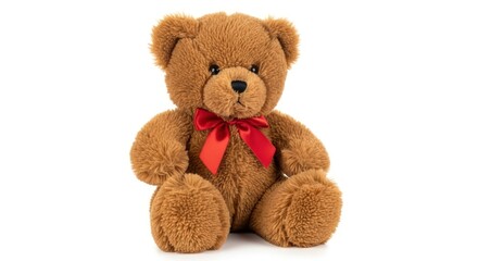 Obraz premium Cute Brown Teddy Bear with Red Bow Tie on White Background