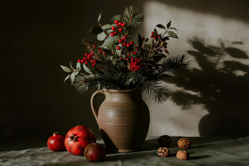 Holiday still life with festive greenery and pomegranates.