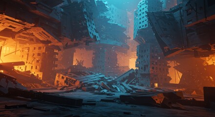 Ruined cityscape with collapsed buildings, rubble, and contrasting blue and orange lighting suggesting a post-apocalyptic or dystopian environment.