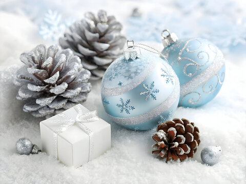 Silver frosted pinecones icy blue baubles white gift box christmas ornaments