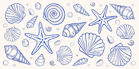 Blue Ink Sketch of Seashells Starfish and Bubbles marine life ocean
