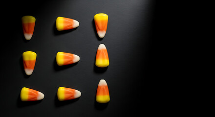Fototapeta premium Halloween Candy Corn Pattern on Black Background with Copy Space