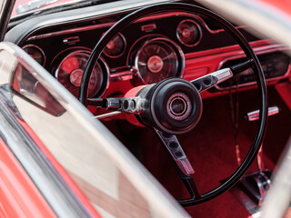 steering wheel detail of a vintage classic car
